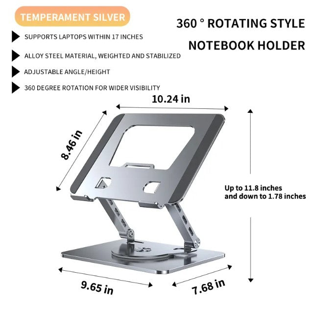 Soporte Giratorio de 360° para Computadora Portátil - Elevador Plegable y Portátil de Aluminio