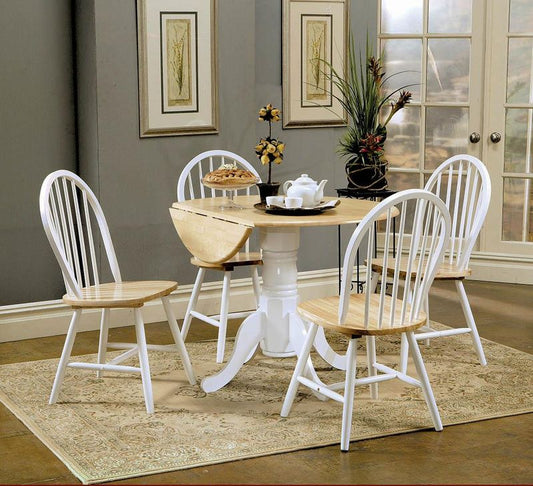 Dining set - round table with drop leaves in natural brown and white, and four chairs.